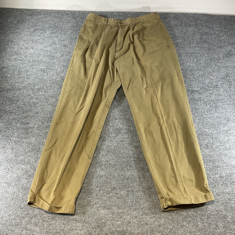 Chaps Ralph Lauren Mens Khaki Chino Pants Pleated Cuffed 100% Cotton 34x30 Tan